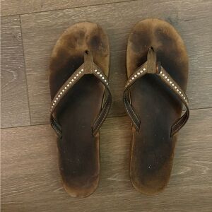 Rainbow Brown Leather Flip Flop Sandals with Rhinestone Straps